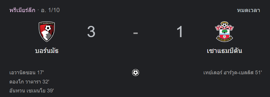 บอร์นมัธ 3-1 เซาแธมป์ตัน